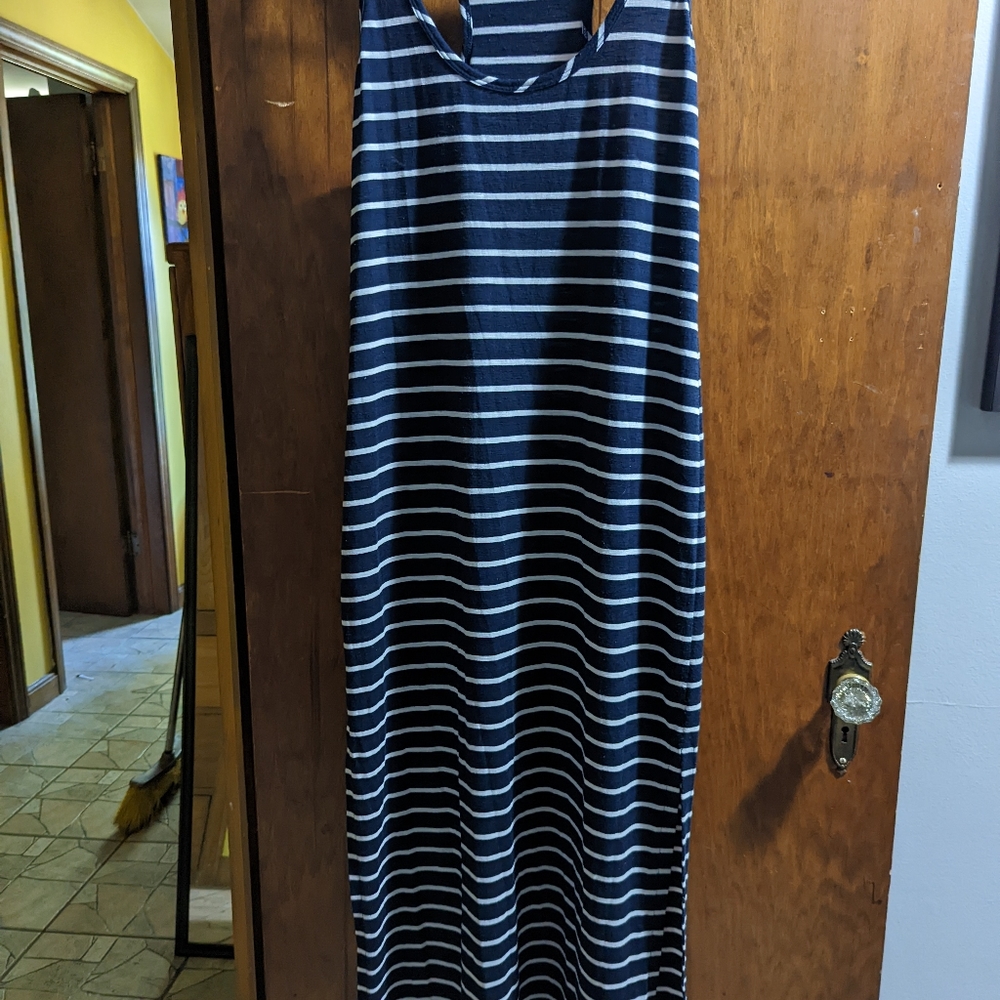Blue and white striped racerback maxi dress
